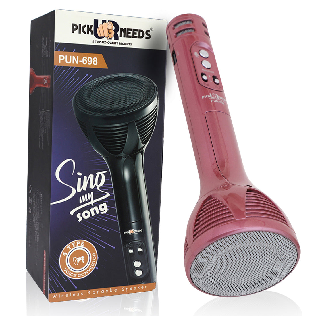 Pick Ur Needs Karaoke Mic with Led Light Wireless Bluetooth Microphone Connection Player Speaker 2-in1 with Recording + USB+FM